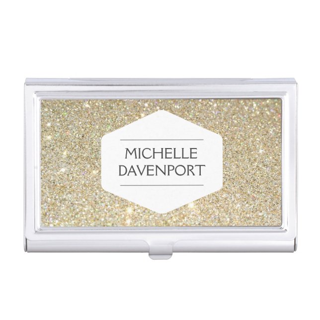 WHITE EMBLEM ON GOLD GLITTER Business Card Holder (Front)