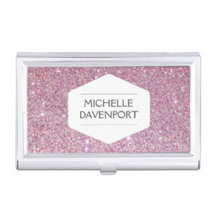 WHITE EMBLEM ON PINK GLITTER Business Card Holder