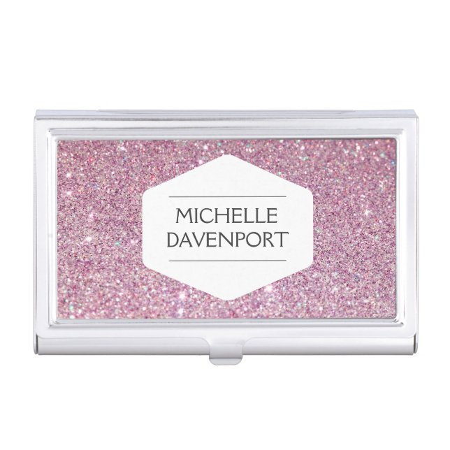 WHITE EMBLEM ON PINK GLITTER Business Card Holder (Front)
