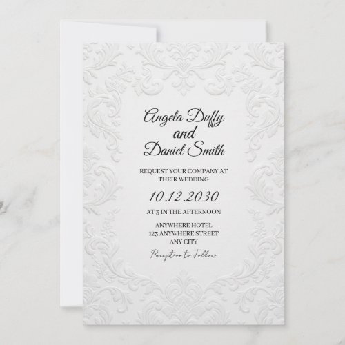 White Embossed Floral Wedding Invitation