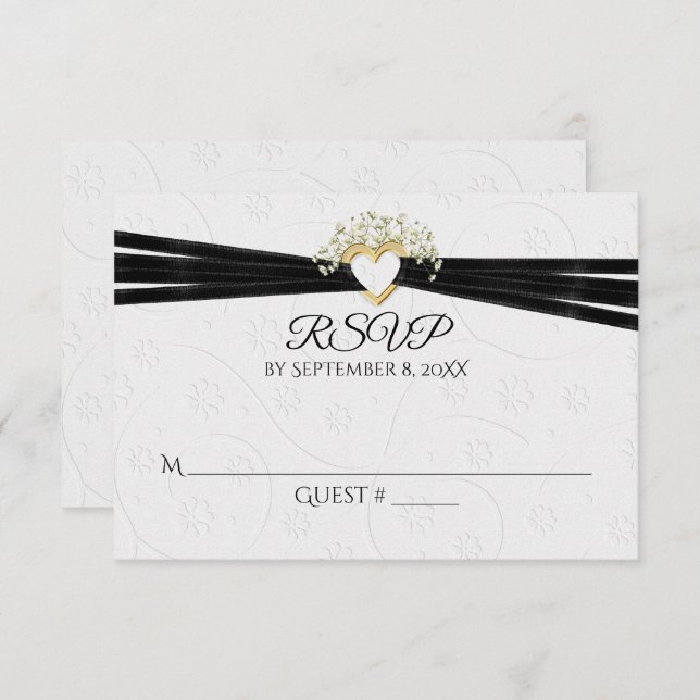  White Embossed Floral with Heart RSVP (Front/Back)