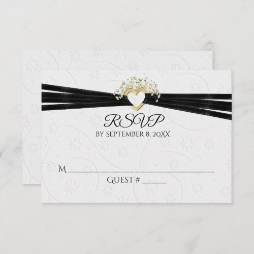  White Embossed Floral with Heart RSVP