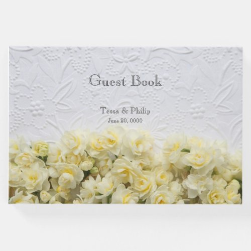 White embossed_look with yellow narcissus guest book