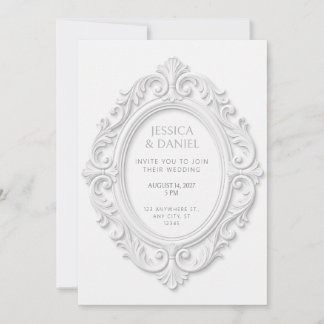 White Embossed Rococo Oval Medallion Frame Invitation