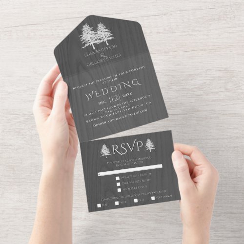 White embossed trees on gray wood winter wedding all in one invitation