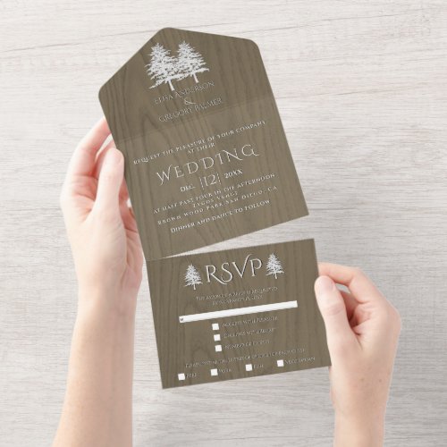 White embossed trees on sepia wood winter wedding all in one invitation