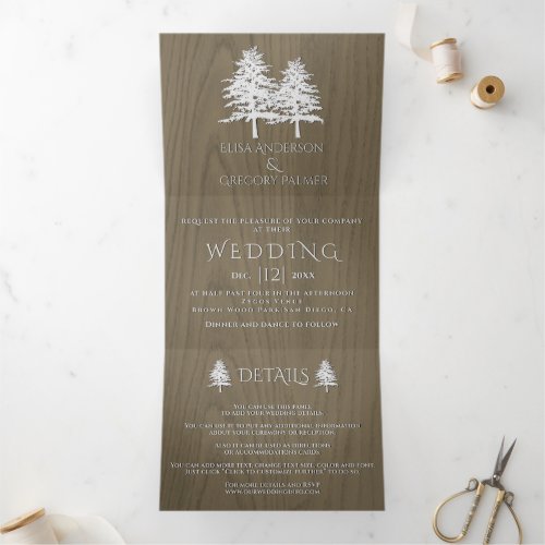 White embossed trees on sepia wood winter wedding Tri_Fold invitation