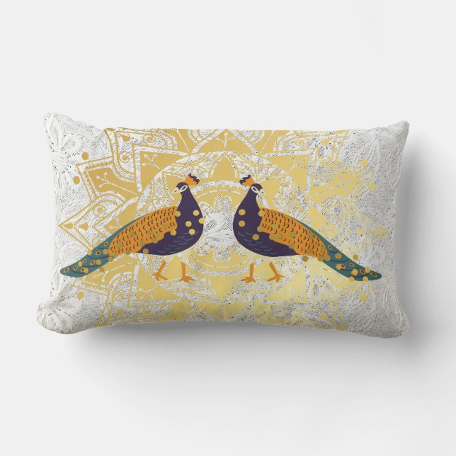 White embroidery with golden peacock Throw Pillow (Front)