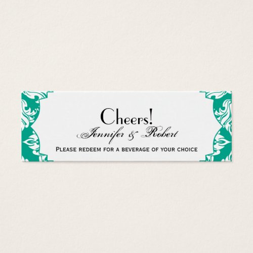 White Emerald Green Damask Wedding Drink Ticket Business Card Templates