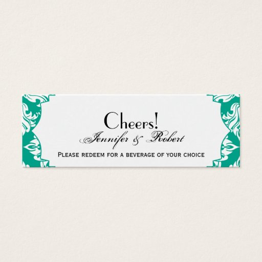 Customizable White Emerald Green Damask Wedding Drink Ticket Business Card Templates