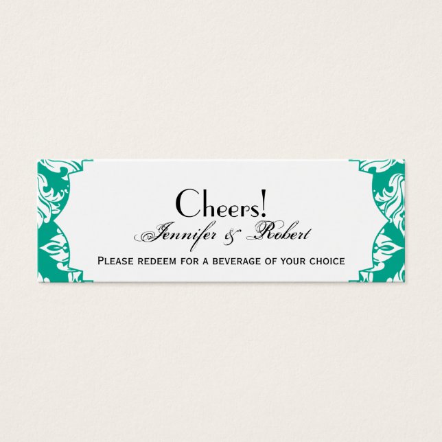 White Emerald Green Damask Wedding Drink Ticket (Front)