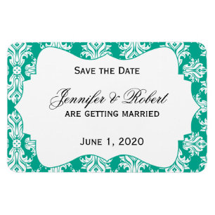 White Emerald Green Damask Wedding Save the Date Magnet