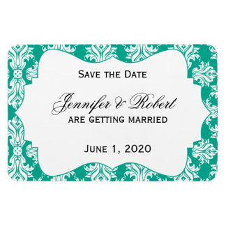 White Emerald Green Damask Wedding Save the Date Magnet
