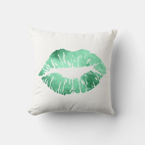 White Emerald Green Glitter Kiss Lips Makeup Throw Pillow