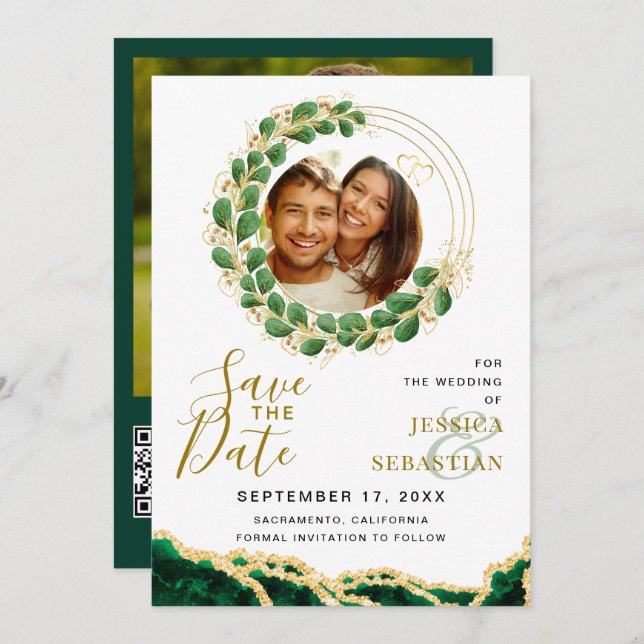 White Emerald Green & Gold Add QR Code Photo Save The Date (Front/Back)