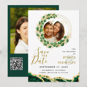 White Emerald Green & Gold Add QR Code Photo Save The Date