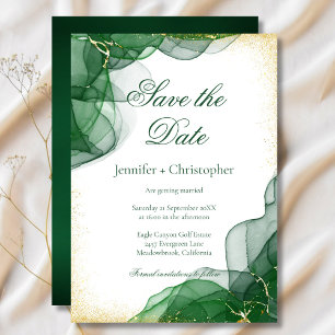 White Emerald Green Gold Marble Save The Date Card
