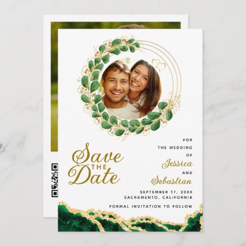 White Emerald Green  Gold Photo QR Code Elegant Save The Date