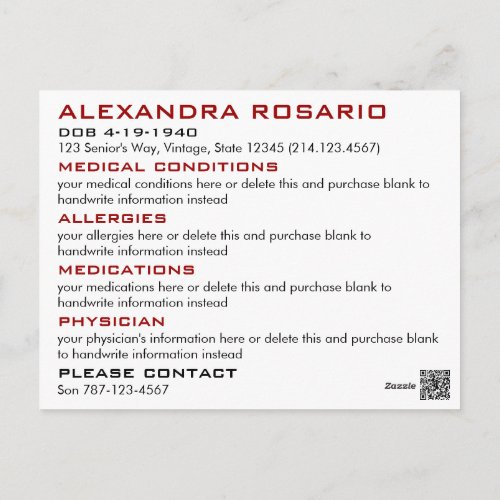 White Emergency Medical Alert Postcard