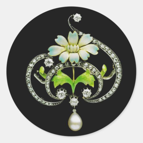 WHITE ENAMEL FLOWER PEARLS AND DIAMONDS JEWEL CLASSIC ROUND STICKER