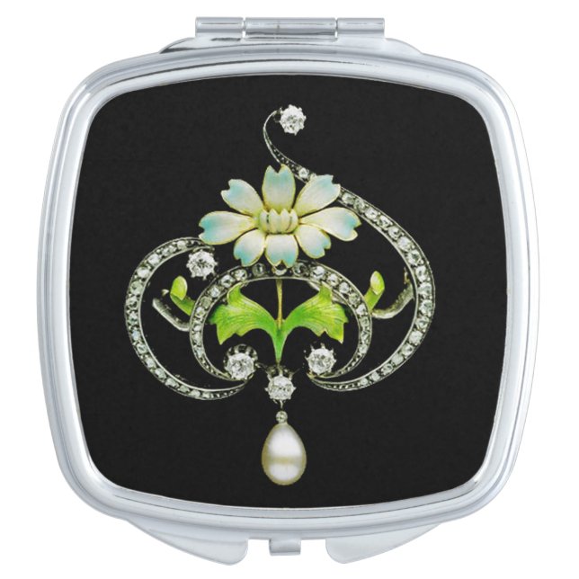 WHITE ENAMEL FLOWER ,PEARLS AND DIAMONDS JEWEL MAKEUP MIRROR (Front)