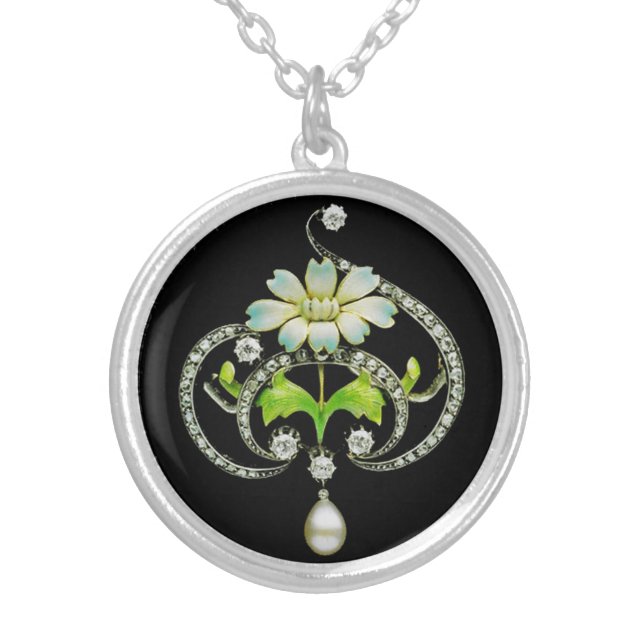 WHITE ENAMEL FLOWER ,PEARLS AND DIAMONDS JEWEL SILVER PLATED NECKLACE (Front)