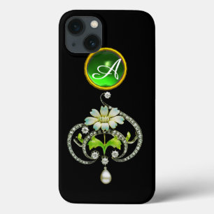 WHITE ENAMEL FLOWER, PEARLS AND DIAMONDS MONOGRAM iPhone 13 CASE