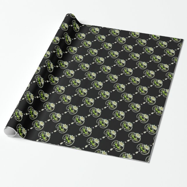 WHITE ENAMEL FLOWER ,PEARLS AND DIAMONDS WRAPPING PAPER (Unrolled)