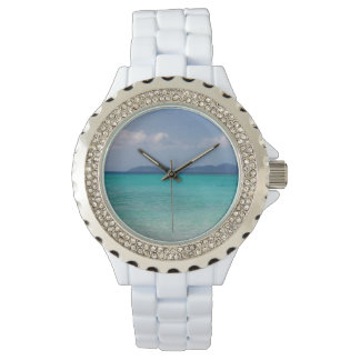 White Enamel Watch with Island Scene
