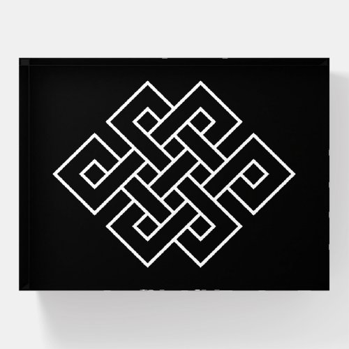 White Endless Knot Symbol on Black Paperweight