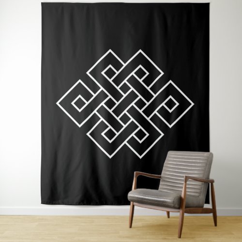 White Endless Knot Symbol on Black Tapestry