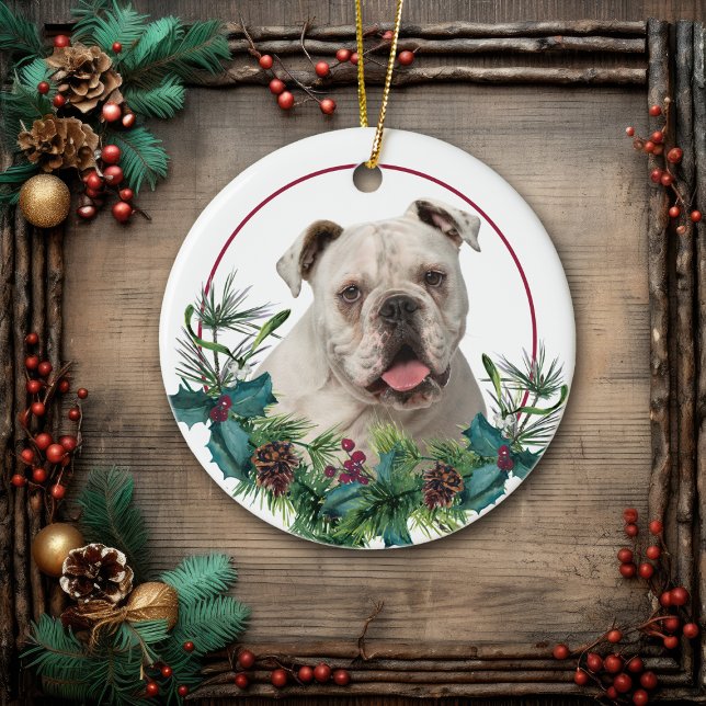White English Bulldog Evergreen Wreath Ceramic Ornament (Creator Uploaded)