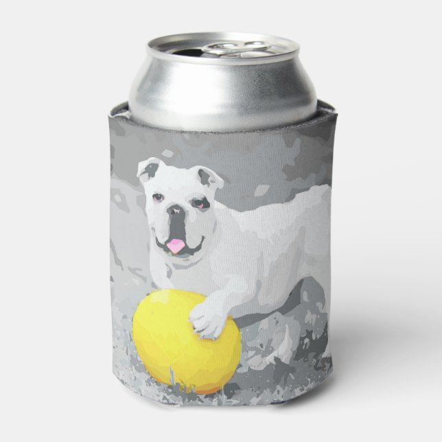 White English Bulldog Portrait With Ball Can Cooler (Can Front)