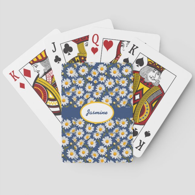 White English Daisies on Blue Background Poker Cards (Back)