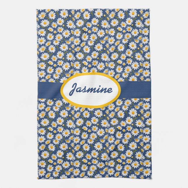 White English Daisies on Blue Kitchen Towel (Vertical)