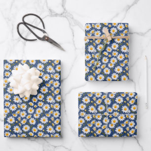 White English Daisies on Dark Blue Wrapping Paper Sheets