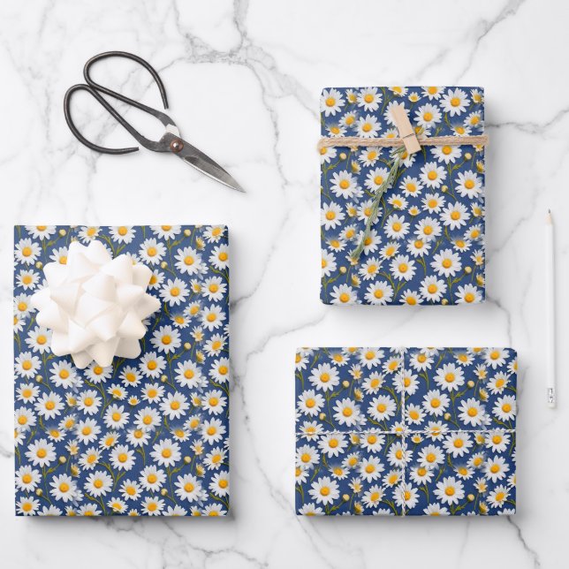 White English Daisies on Dark Blue Wrapping Paper Sheets (Front)