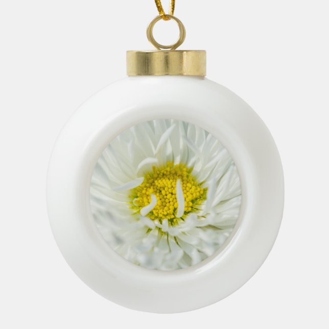 White English Daisy Flower Ceramic Ball Christmas Ornament (Front)