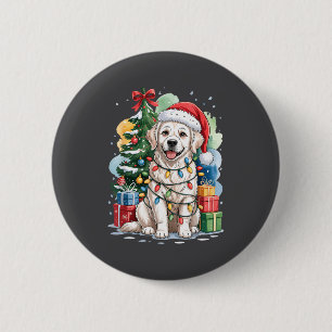 White English Golden Retriever Santa Hat Christmas Button