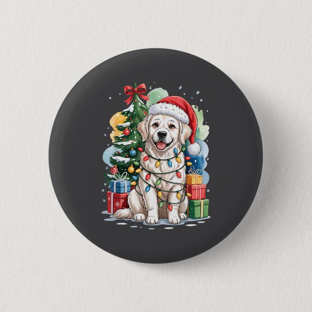 White English Golden Retriever Santa Hat Christmas Button (Front)