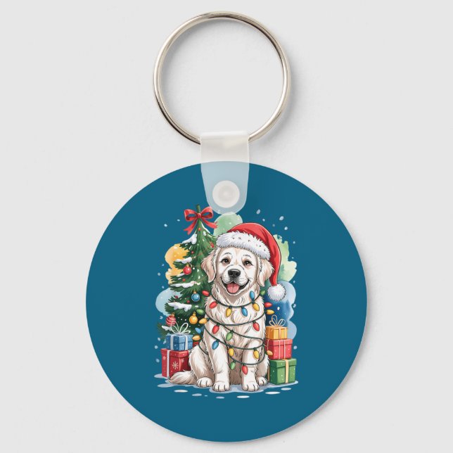 White English Golden Retriever Santa Hat Christmas Keychain (Front)