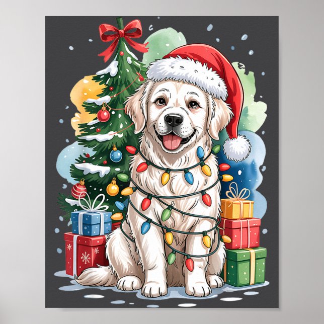White English Golden Retriever Santa Hat Christmas Poster (Front)