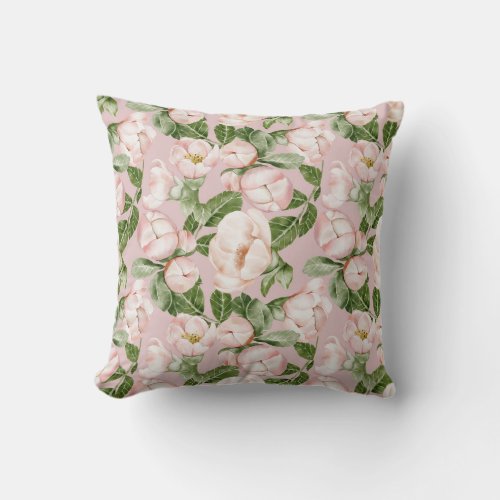 White english roses green leaves pink ground on  throw pillow