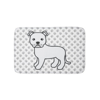 White English Staffie Cute Cartoon Dog &amp; Paws Bath Mat