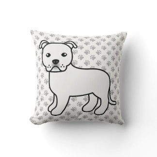 White English Staffie Cute Cartoon Dog &amp; Paws Throw Pillow