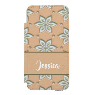White engraved flowers on tan iPhone SE/5/5s wallet case