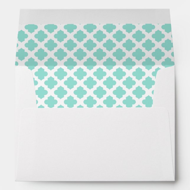 White Envelope, Aqua Blue Green Quatrefoil Lined Envelope (Back (Bottom))