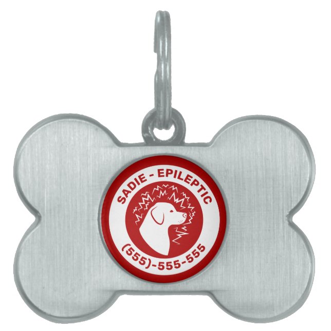 White Epileptic Dog On Red Epilepsy Alert & Info Pet ID Tag (Front)