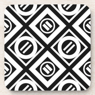 White Equal Sign Geometric Pattern on Black Drink Coaster