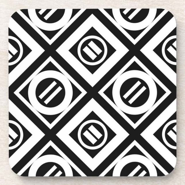 White Equal Sign Geometric Pattern on Black Drink Coaster (Front)